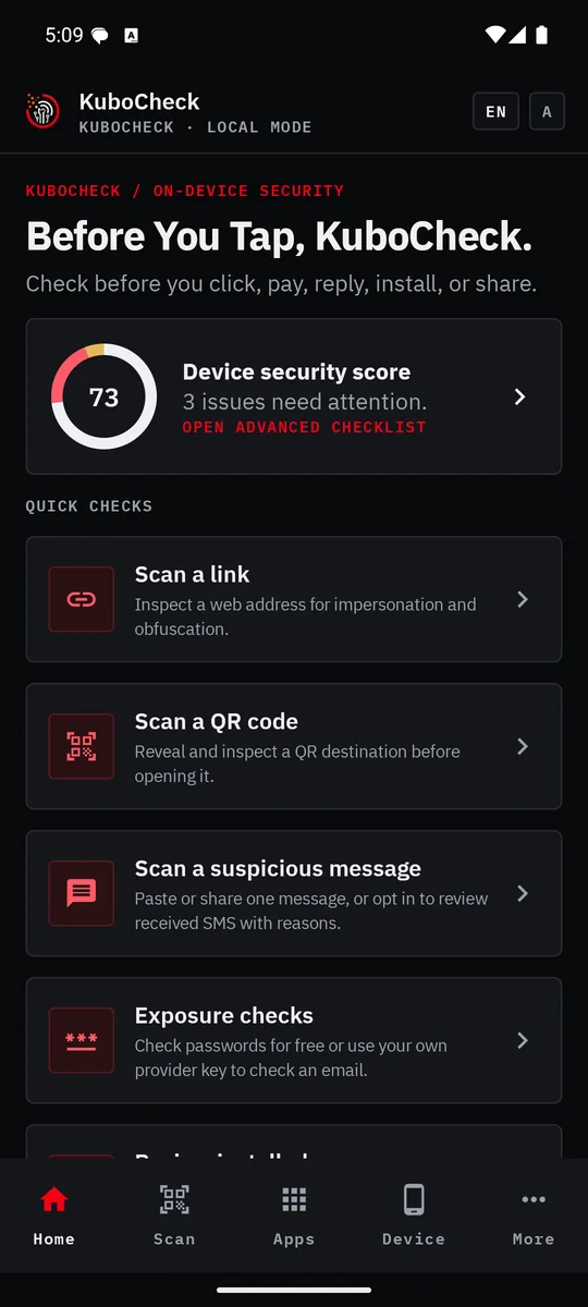 KuboCheck home dashboard showing the tagline, device-security score, and quick checks for links, QR codes, suspicious messages, and breach exposure.
