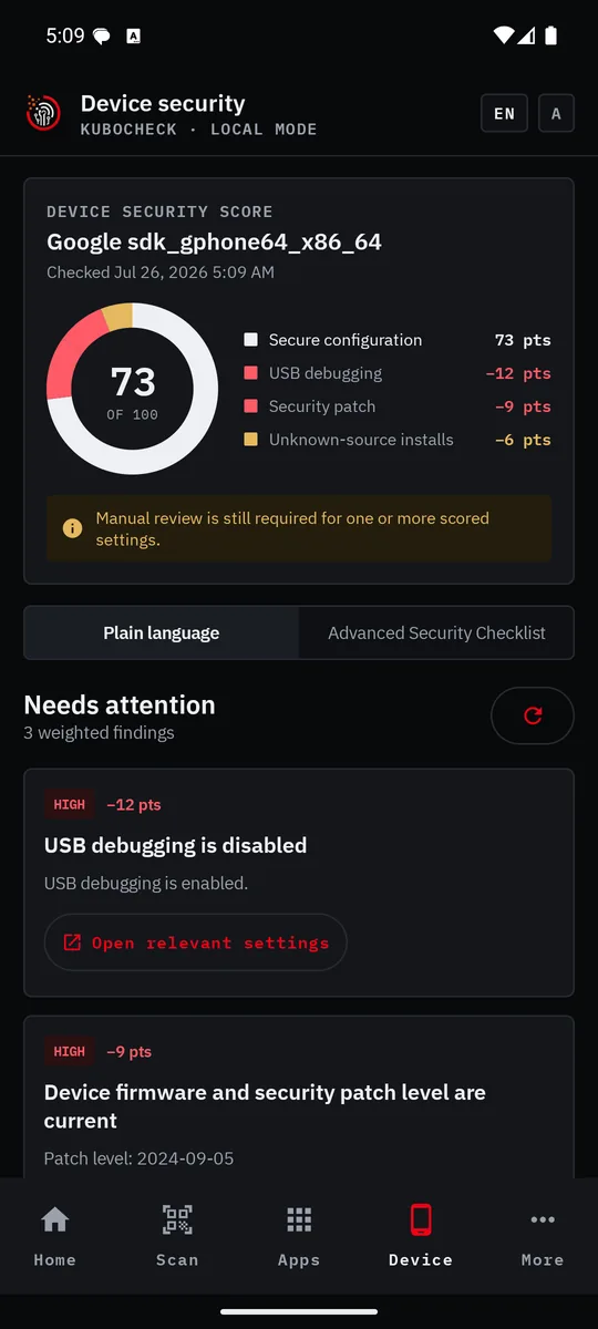KuboCheck device-security dashboard with a 73-point donut score and deductions for emulator security settings.