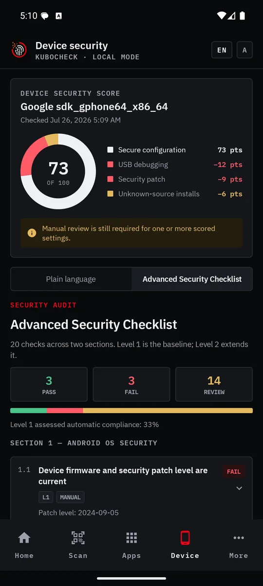 KuboCheck Advanced Security Checklist showing 20 checks with pass, fail, and manual-review summaries.