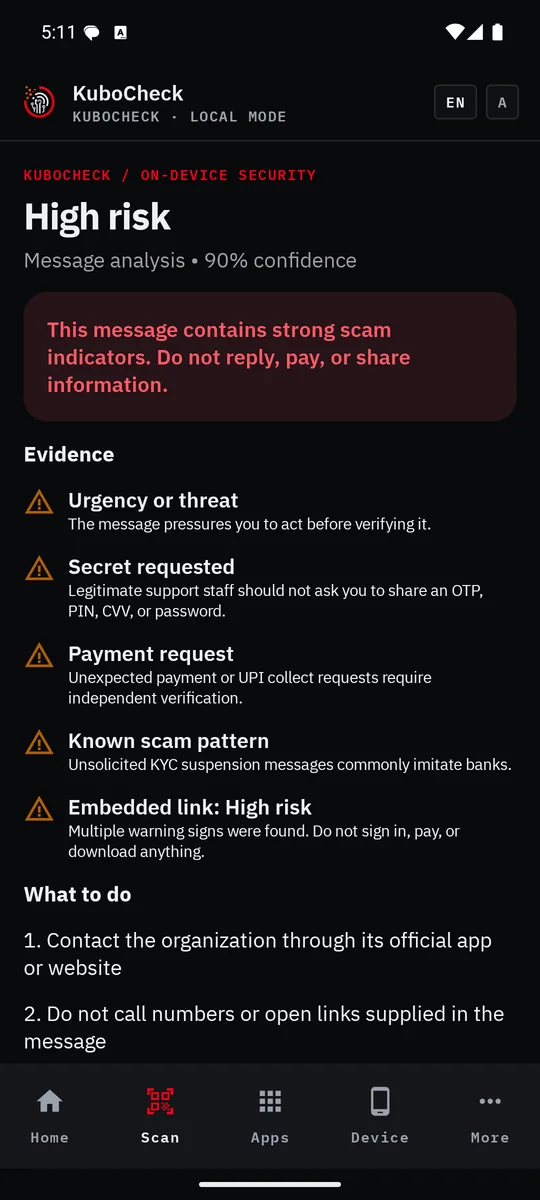 KuboCheck high-risk message result showing urgency, secret request, payment request, scam-pattern, and embedded-link warning signs.