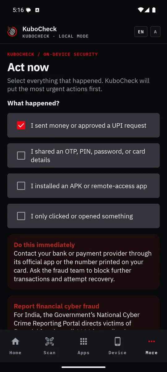 KuboCheck incident-response screen with a synthetic payment scenario selected and urgent next-step guidance.