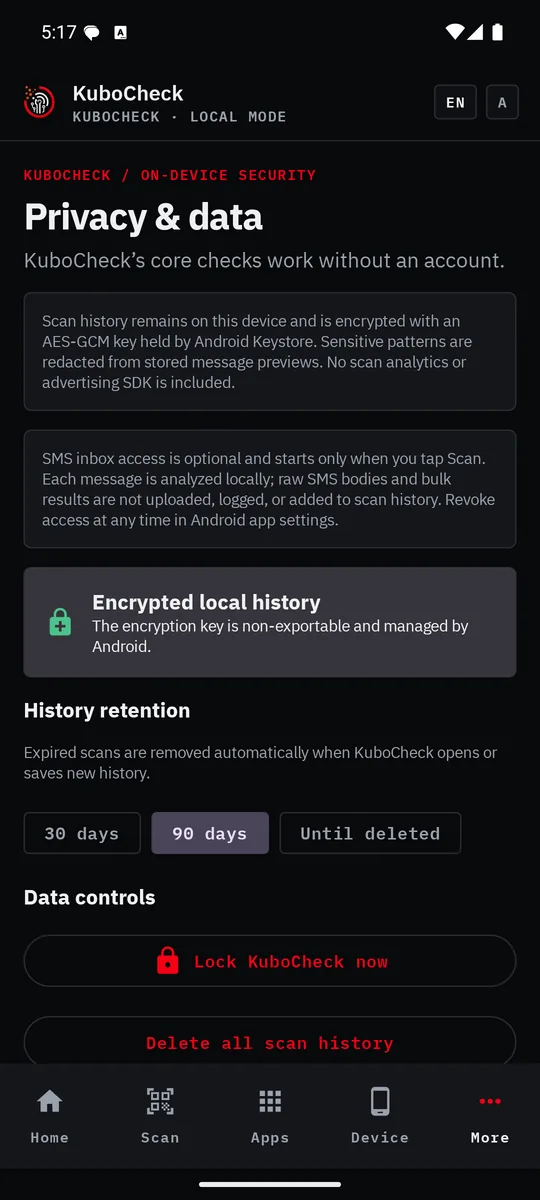 KuboCheck privacy screen describing encrypted local history, on-demand SMS access, retention choices, and data controls.